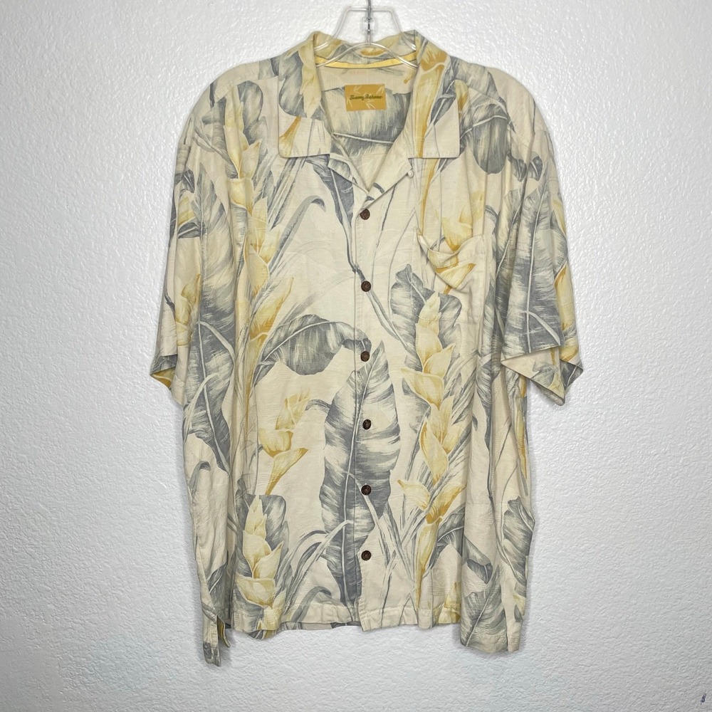 Tommy Bahama Mens XL Silk Tropical Palm Ginger Floral Camp Shirt Yellow Grey